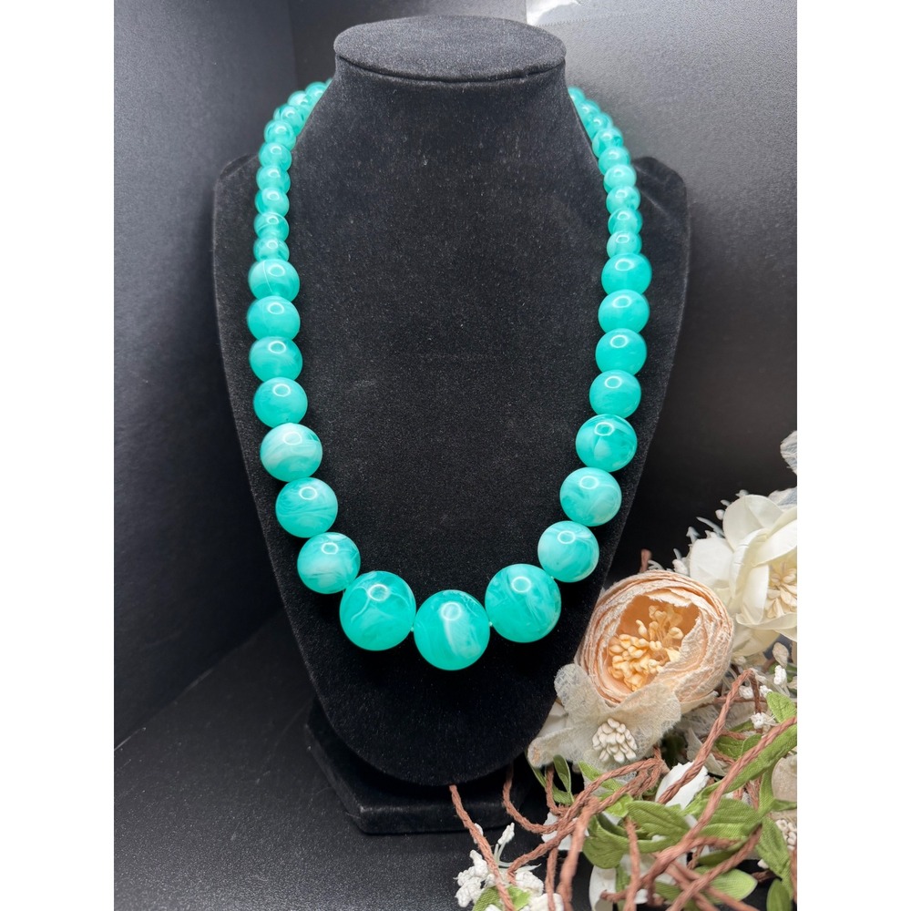 VTG Aqua Lucite Style Graduated Bead Turquoise Blue Statemen MCM Coastal Retro